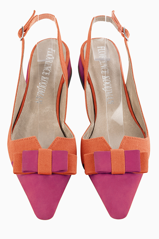 Chaussure femme à brides :  couleur rose fuchsia et orange clémentine. Bout effilé. Talon plat bottier. Vue du dessus - Florence KOOIJMAN