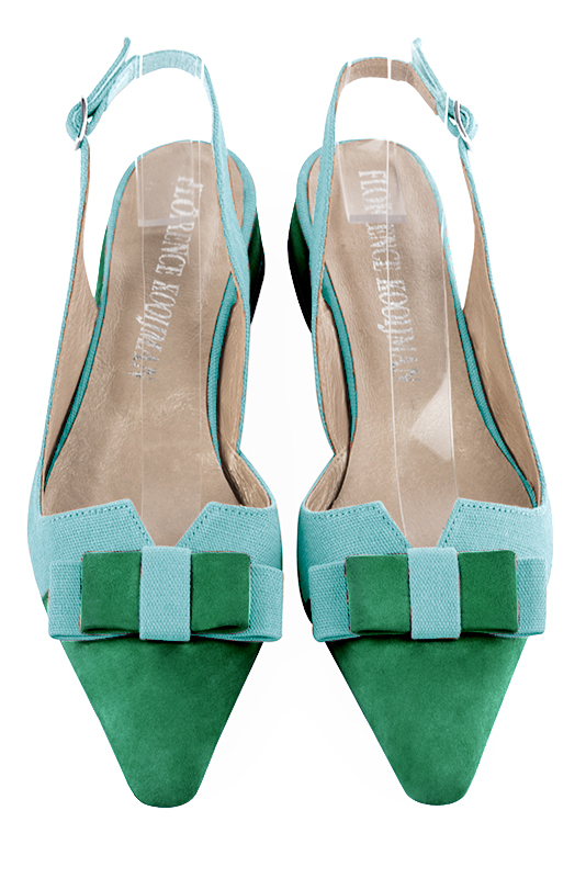 Chaussure femme à brides :  couleur vert émeraude et bleu lagon. Bout effilé. Talon plat bottier. Vue du dessus - Florence KOOIJMAN
