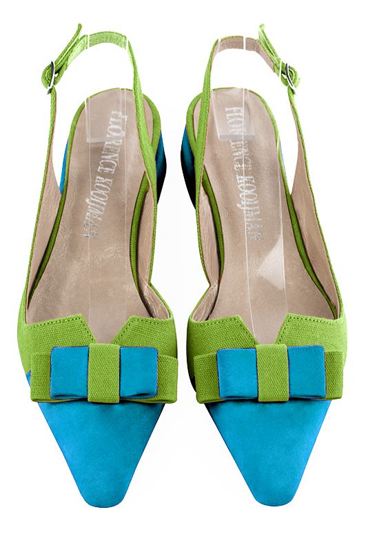 Chaussure femme à brides :  couleur bleu turquoise et vert anis. Bout effilé. Talon plat bottier. Vue du dessus - Florence KOOIJMAN