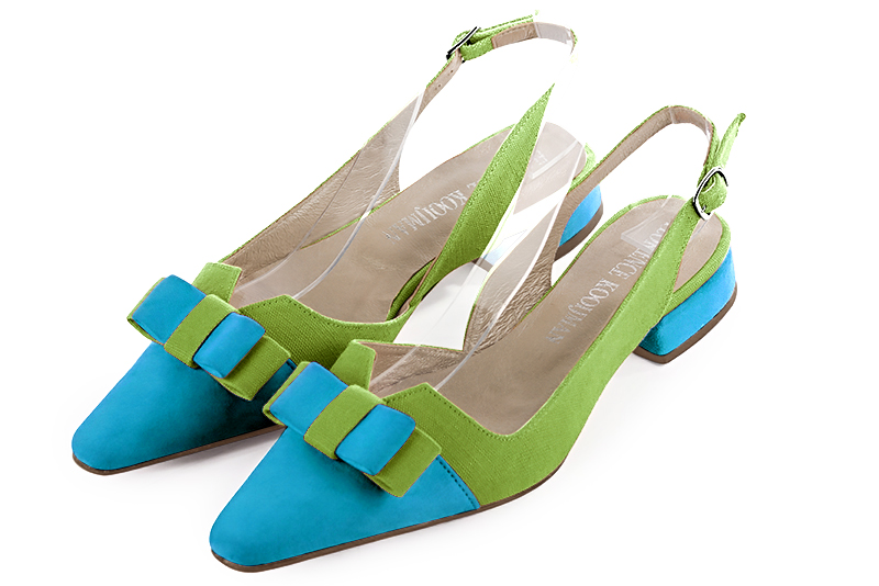 Chaussure femme à brides :  couleur bleu turquoise et vert anis. Bout effilé. Talon plat bottier Vue avant - Florence KOOIJMAN