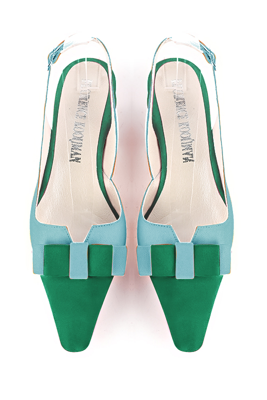 Chaussure femme à brides :  couleur vert émeraude et bleu lagon. Bout effilé. Talon plat bottier. Vue du dessus - Florence KOOIJMAN