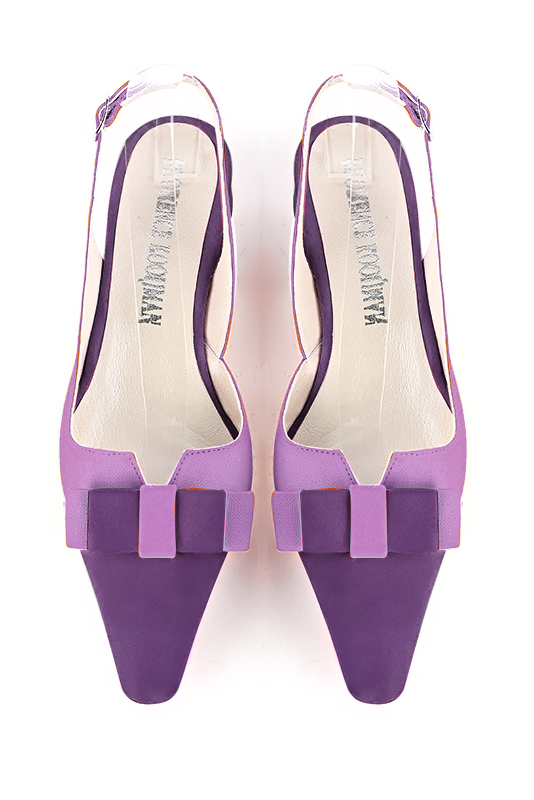 Chaussure femme à brides :  couleur violet améthyste. Bout effilé. Talon plat bottier. Vue du dessus - Florence KOOIJMAN