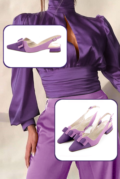 Escarpins bride arrière avec un noeud violet améthyste et violet mauve. Bout effilé. Talon évasé plat - Vue du dessus