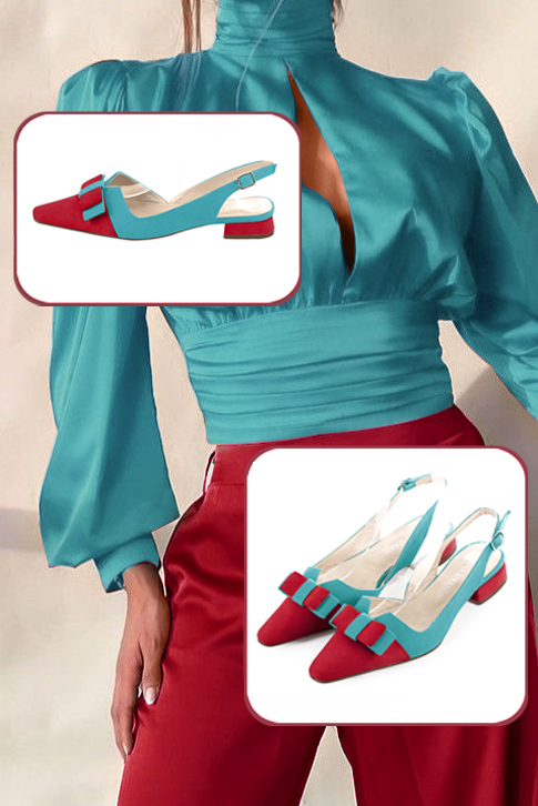 Escarpins bride arrière avec un noeud rouge carmin et bleu lagon. Bout effilé. Talon évasé plat - Vue du dessus