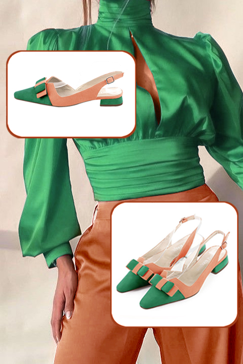 Escarpins bride arrière avec un noeud vert émeraude et pêche. Bout effilé. Talon évasé plat - Vue du dessus