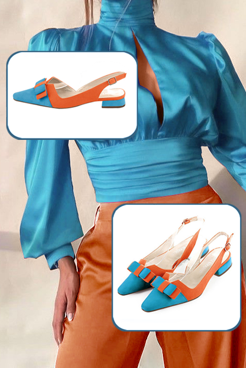 Escarpins bride arrière avec un noeud bleu turquoise et orange clémentine. Bout effilé. Talon évasé plat - Vue du dessus