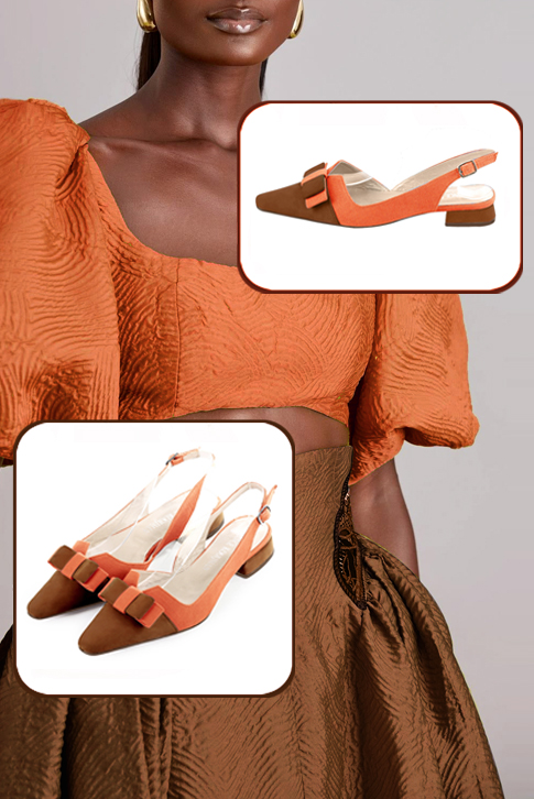 Escarpins bride arrière avec un noeud marron caramel et orange clémentine. Bout effilé. Talon bottier plat - Vue du dessus