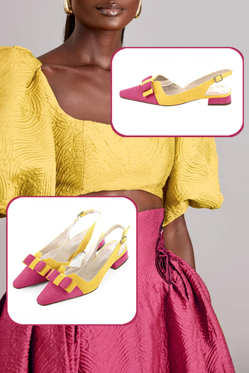 Escarpins bride arrière avec un noeud rose fuchsia et jaune. Bout effilé. Talon évasé plat - Vue du dessus