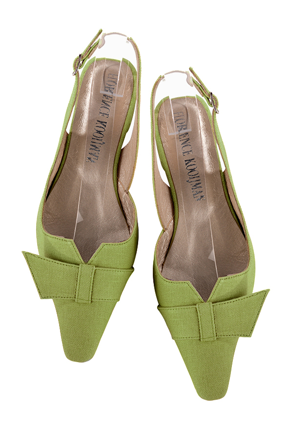Chaussure femme à brides :  couleur vert anis. Bout effilé. Petit talon bottier. Vue du dessus - Florence KOOIJMAN