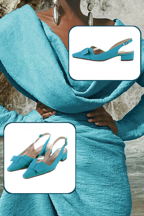 Escarpins bride arrière avec un noeud bleu turquoise. Bout effilé. Talon bottier de 3.5 cm - Vue du dessus