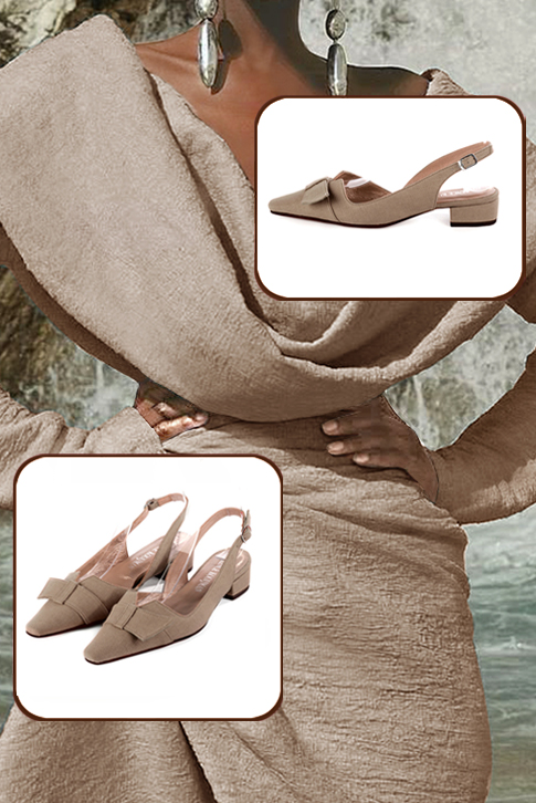 Escarpins bride arrière avec un noeud beige sahara. Bout effilé. Talon bottier de 3.5 cm - Vue du dessus