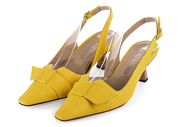 Chaussure femme à brides :  couleur jaune soleil. Bout effilé. Talon mi-haut bobine Vue avant - Florence KOOIJMAN