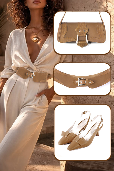 Escarpins bride arrière avec un noeud beige camel. Bout effilé. Talon bobine de 5.5 cm - Vue du dessus