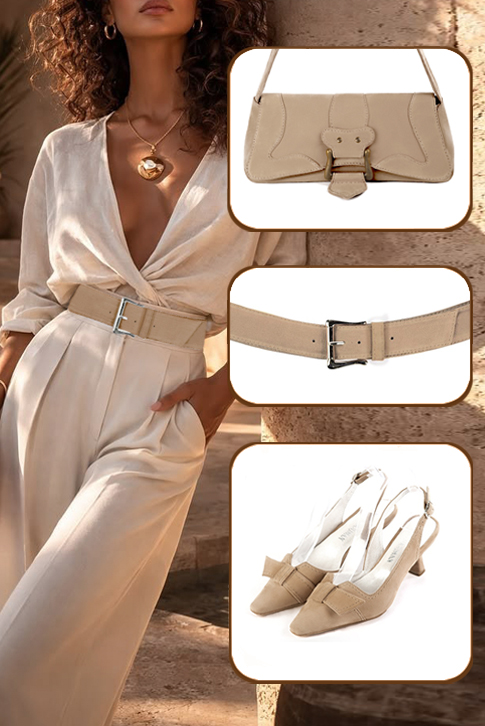 Escarpins bride arrière avec un noeud beige sahara. Bout effilé. Talon bobine de 5.5 cm - Vue porté