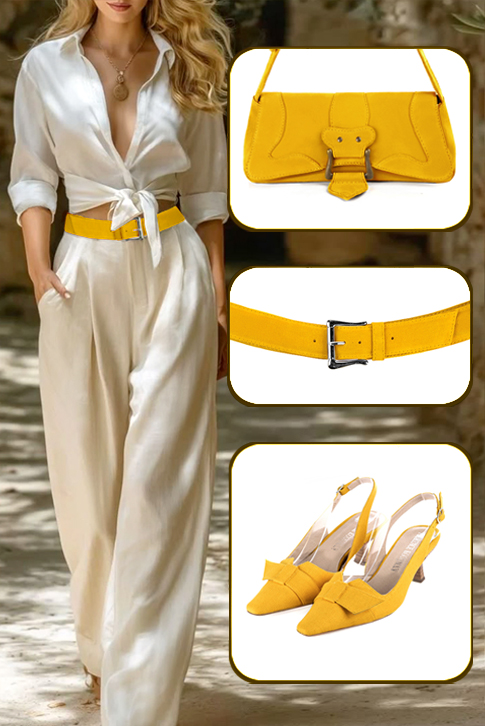 Escarpins bride arrière avec un noeud jaune. Bout effilé. Talon bobine de 5.5 cm - Vue du dessus