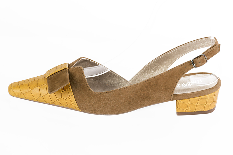 Chaussure femme à brides :  couleur jaune ocre et marron caramel. Bout effilé. Petit talon bottier. Vue de profil - Florence KOOIJMAN