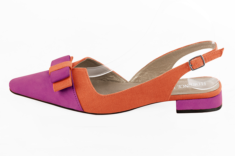 Chaussure femme à brides :  couleur rose pivoine et orange clémentine. Bout effilé. Talon plat bottier. Vue de profil - Florence KOOIJMAN
