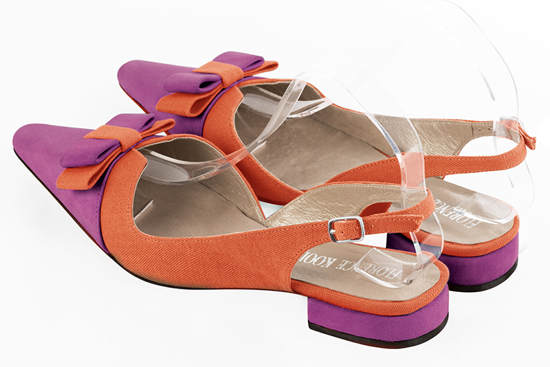 Chaussure femme à brides :  couleur rose pivoine et orange clémentine. Bout effilé. Talon plat bottier. Vue arrière - Florence KOOIJMAN