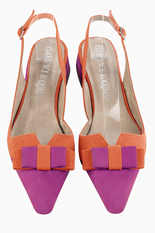 Chaussure femme à brides :  couleur rose pivoine et orange clémentine. Bout effilé. Talon plat bottier. Vue du dessus - Florence KOOIJMAN