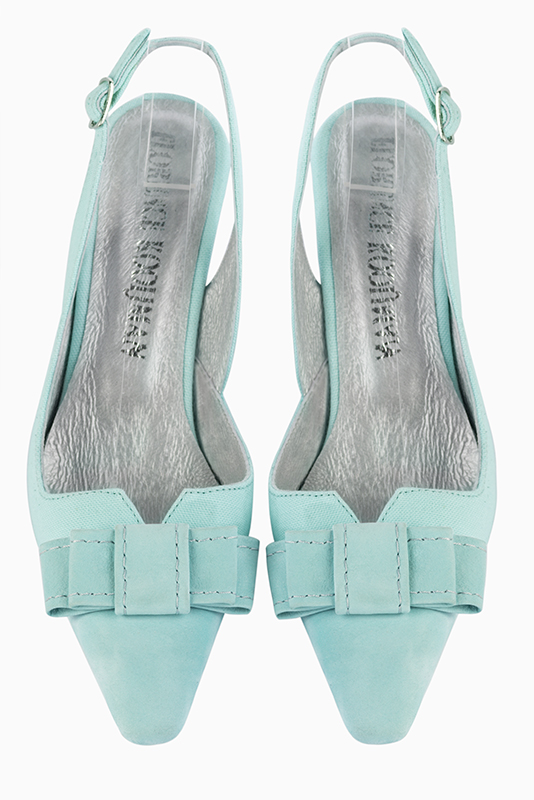 Chaussure femme à brides :  couleur bleu lagon. Bout effilé. Talon mi-haut virgule. Vue du dessus - Florence KOOIJMAN
