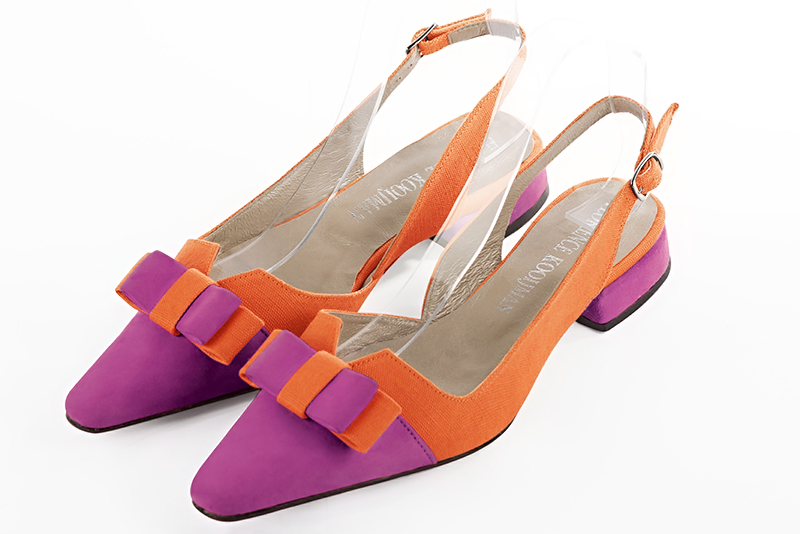 Chaussure femme à brides :  couleur rose pivoine et orange clémentine. Bout effilé. Talon plat bottier Vue avant - Florence KOOIJMAN