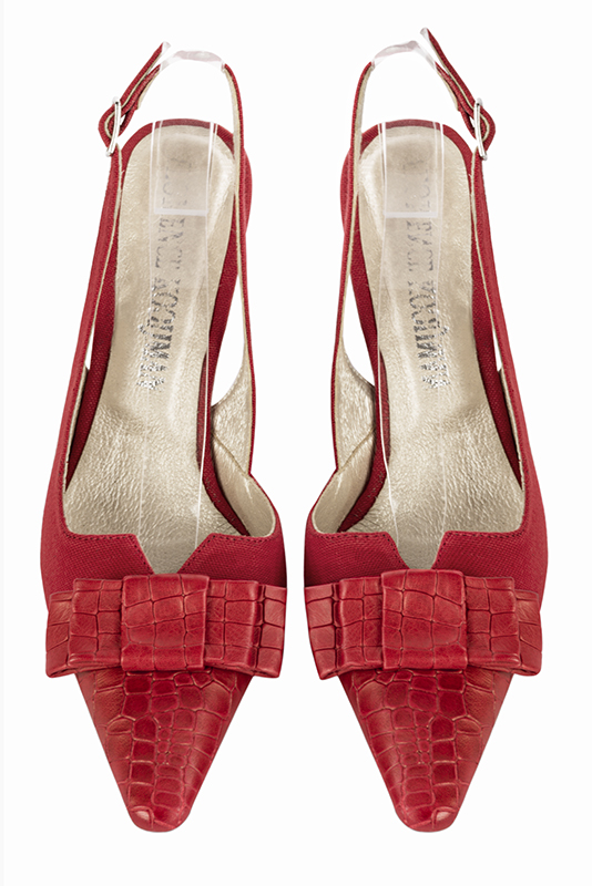 Escarpins habillés, élégants et raffinés, ouverts à l'arrière avec un noeud sur l'avant, coloris rouge coquelicot. Bout effilé. Haut. Talon fin. Cérémonie, soirée, cocktail, évènementiel. Personnalisation : Choix des cuirs, 
                des couleurs et des talons. Petites et grandes pointures. - Florence KOOIJMAN
