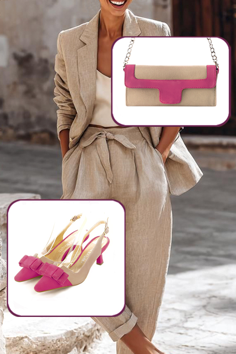 Escarpins nœud habillés bride arrière cuir rose fuchsia et beige sahara à talon bobine de 5.5 cm et bout effilé - Vue porté