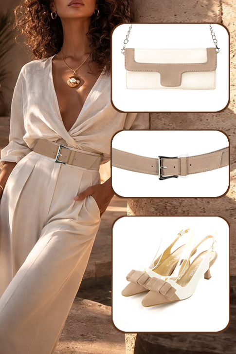 Escarpins bride arrière avec un noeud beige sahara et blanc cassé. Bout effilé. Talon bobine de 5.5 cm - Vue porté