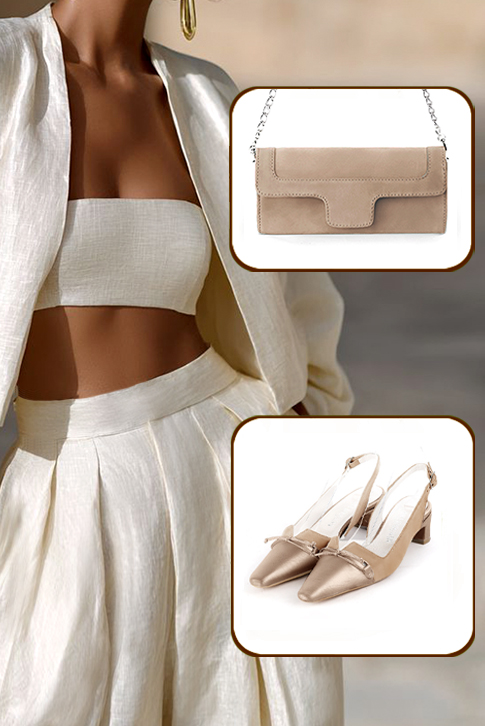 Escarpins nœud habillés bride arrière en cuir beige sahara à talon trotteur de 4.5 cm et bout effilé - Vue du dessus