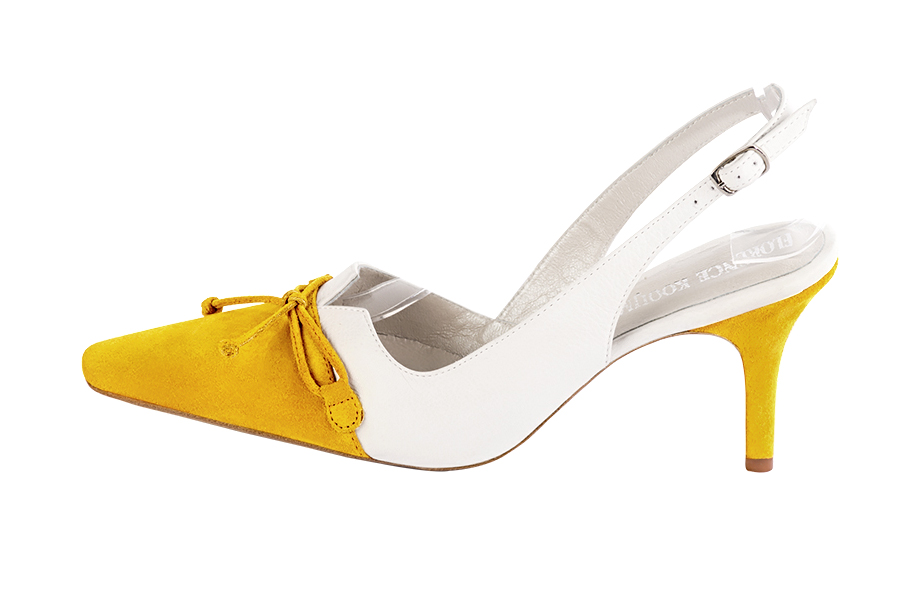 Escarpins nœud habillés bride arrière cuir jaune et blanc pur à talon fin de 7.5 cm et bout effilé - Vue de profil