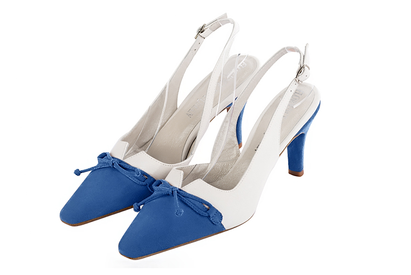 Escarpins nœud habillés bride arrière cuir bleu électrique et blanc pur à talon fin de 7.5 cm et bout effilé - Vue avant