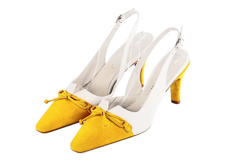 Escarpins nœud habillés bride arrière cuir jaune et blanc pur à talon fin de 7.5 cm et bout effilé - Vue avant