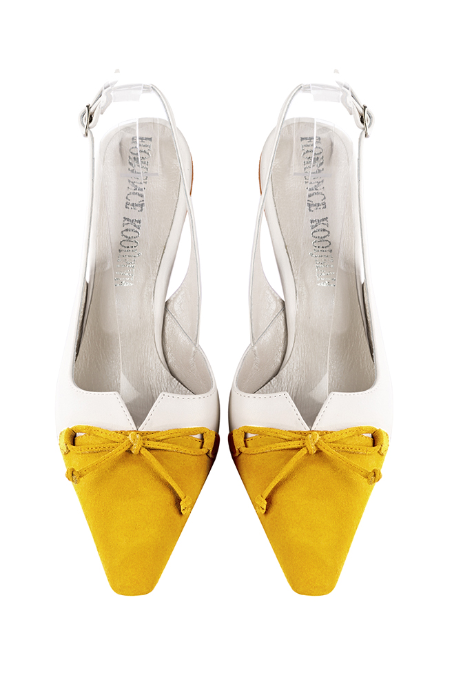 Escarpins nœud habillés bride arrière cuir jaune et blanc pur à talon fin de 7.5 cm et bout effilé - Vue du dessus