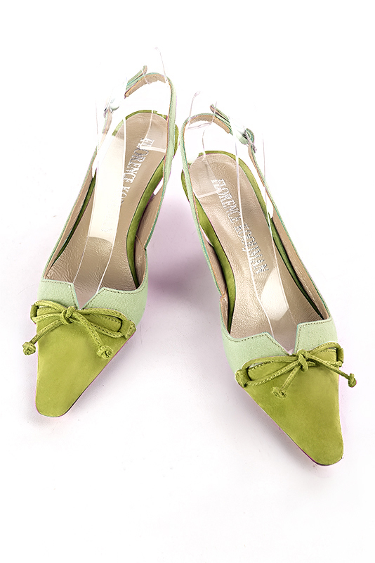 Chaussure femme à brides :  couleur vert pistache. Bout effilé. Talon mi-haut bobine. Vue du dessus - Florence KOOIJMAN