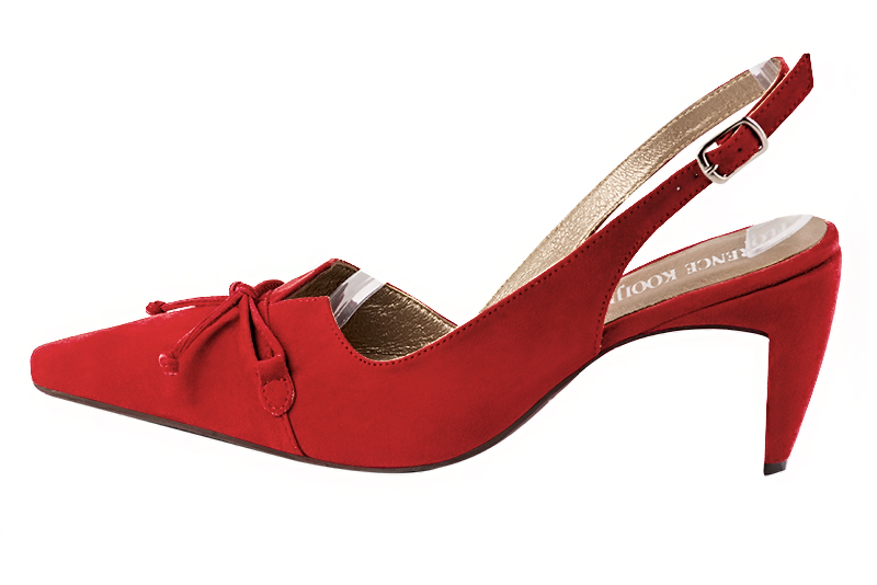 Chaussure femme à brides :  couleur rouge coquelicot. Bout effilé. Talon haut virgule. Vue de profil - Florence KOOIJMAN