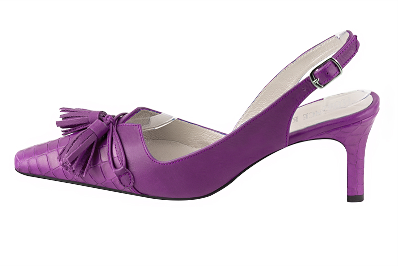 Chaussure femme à brides :  couleur violet mauve. Bout effilé. Talon mi-haut fin. Vue de profil - Florence KOOIJMAN