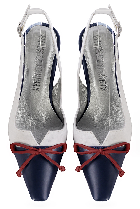 Chaussure femme à brides :  couleur bleu marine et blanc pur. Bout effilé. Talon mi-haut bobine. Vue du dessus - Florence KOOIJMAN