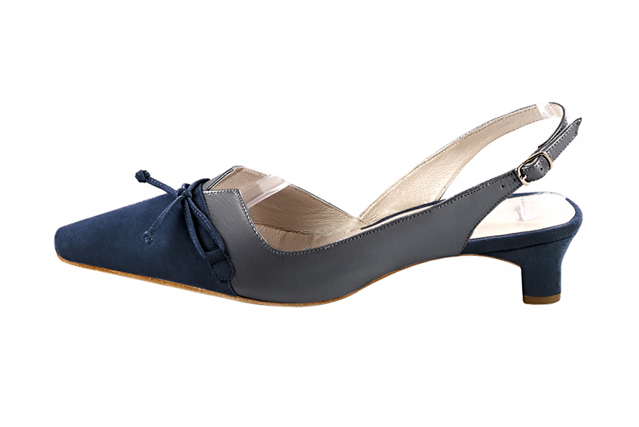 Escarpins nœud habillés bride arrière cuir bleu marine et gris tourterelle à talon trotteur de 4.5 cm et bout effilé - Vue de profil