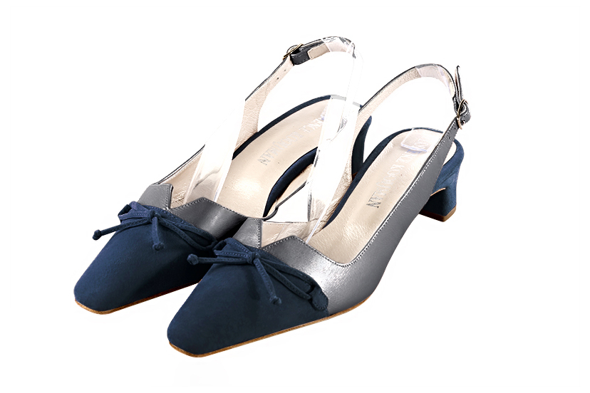 Escarpins nœud habillés bride arrière cuir bleu marine et gris tourterelle à talon trotteur de 4.5 cm et bout effilé - Vue avant