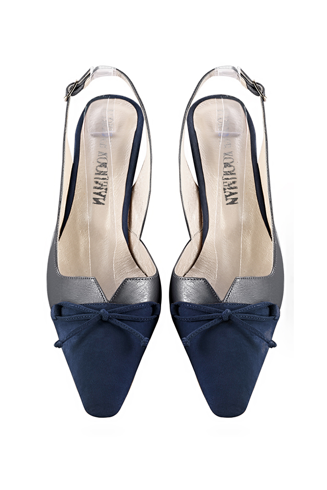 Escarpins nœud habillés bride arrière cuir bleu marine et gris tourterelle à talon trotteur de 4.5 cm et bout effilé - Vue du dessus
