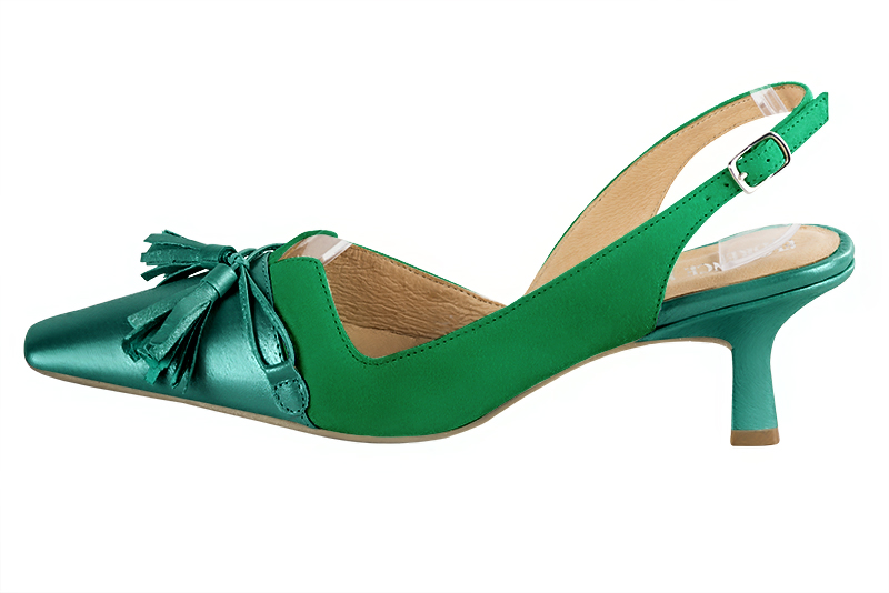 Chaussure femme à brides :  couleur vert émeraude. Bout effilé. Talon mi-haut bobine. Vue de profil - Florence KOOIJMAN