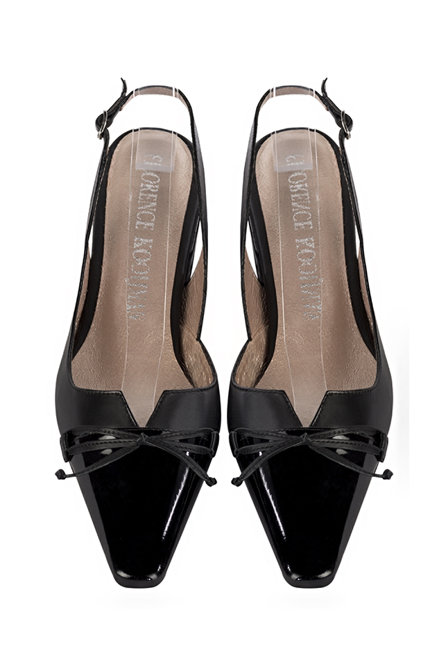 Escarpins nœud habillés bride arrière en cuir noir brillant et noir satiné à talon bottier de 3.5 cm et bout effilé - Vue du dessus