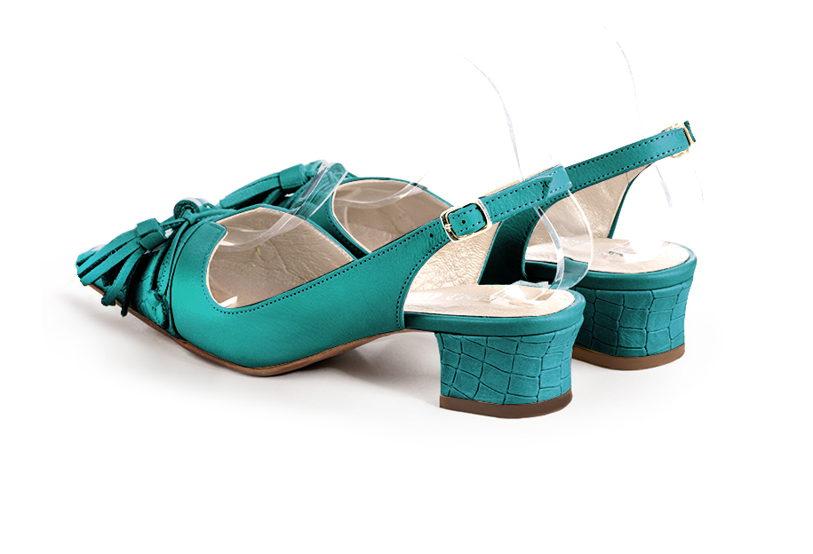 Chaussure femme à brides :  couleur bleu turquoise. Bout effilé. Petit talon trotteur. Vue arrière - Florence KOOIJMAN
