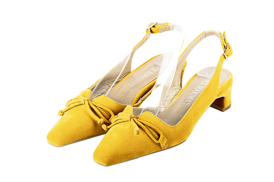 Chaussure femme à brides :  couleur jaune soleil. Bout effilé. Petit talon trotteur Vue avant - Florence KOOIJMAN