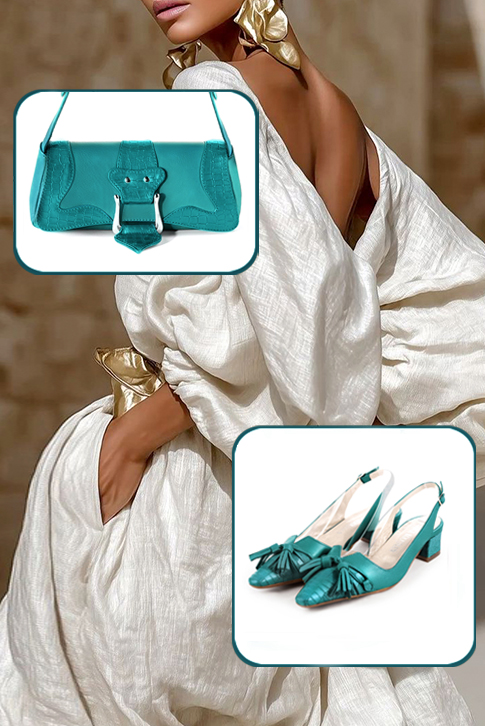 Escarpins nœud habillés bride arrière cuir bleu turquoise à talon trotteur de 4.5 cm et bout effilé - Vue porté