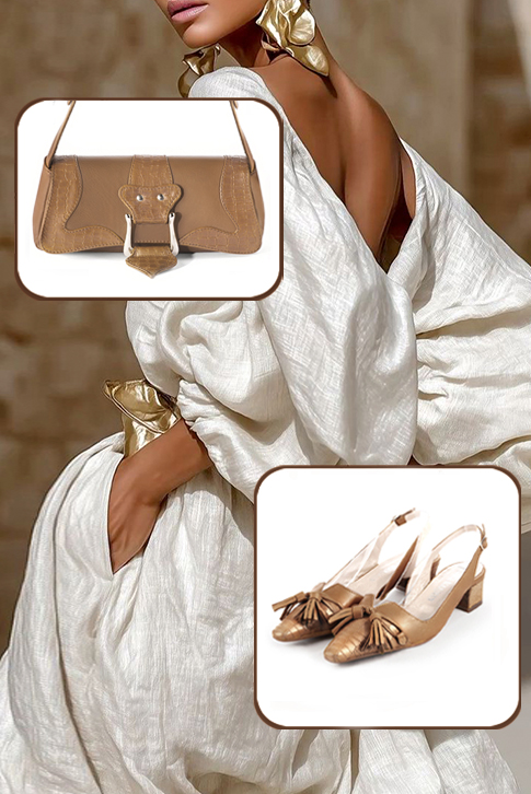 Escarpins nœud habillés bride arrière cuir beige camel à talon trotteur de 4.5 cm et bout effilé - Vue porté
