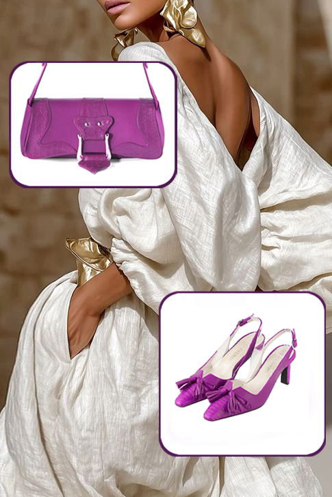 Escarpins nœud habillés bride arrière cuir violet mauve à talon fin de 6.5 cm et bout effilé - Vue porté