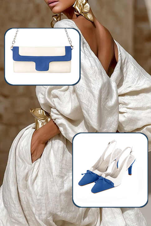 Escarpins nœud habillés bride arrière cuir bleu électrique et blanc pur à talon fin de 7.5 cm et bout effilé - Vue porté