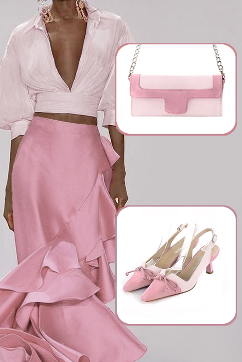 Escarpins bride arrière avec un noeud rose camélia et rose pâle. Bout effilé. Talon bobine de 5.5 cm - Vue porté