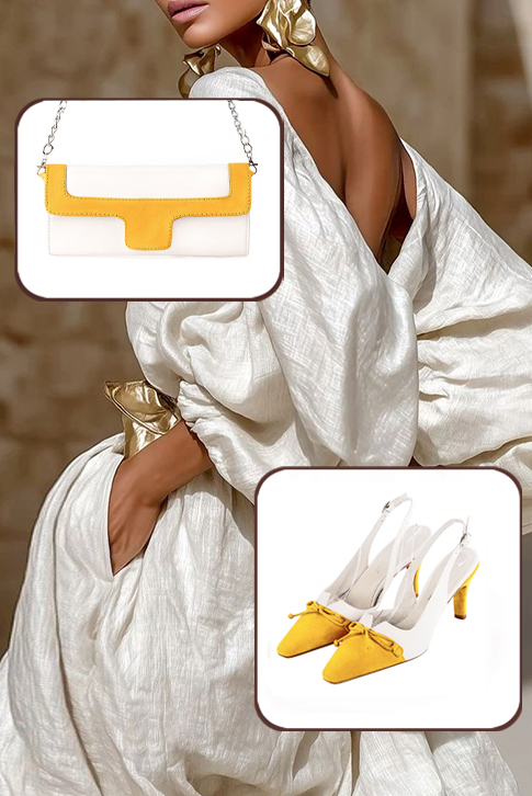 Escarpins nœud habillés bride arrière cuir jaune et blanc pur à talon fin de 7.5 cm et bout effilé - Vue porté
